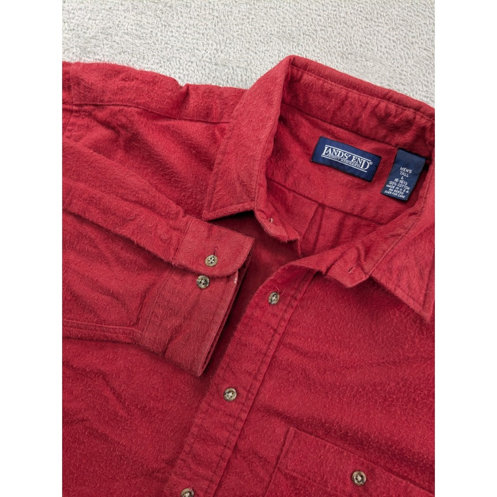 Lands End Mens Large Tall Flannel Shirt Red Long Sleeve Cotton Button Up